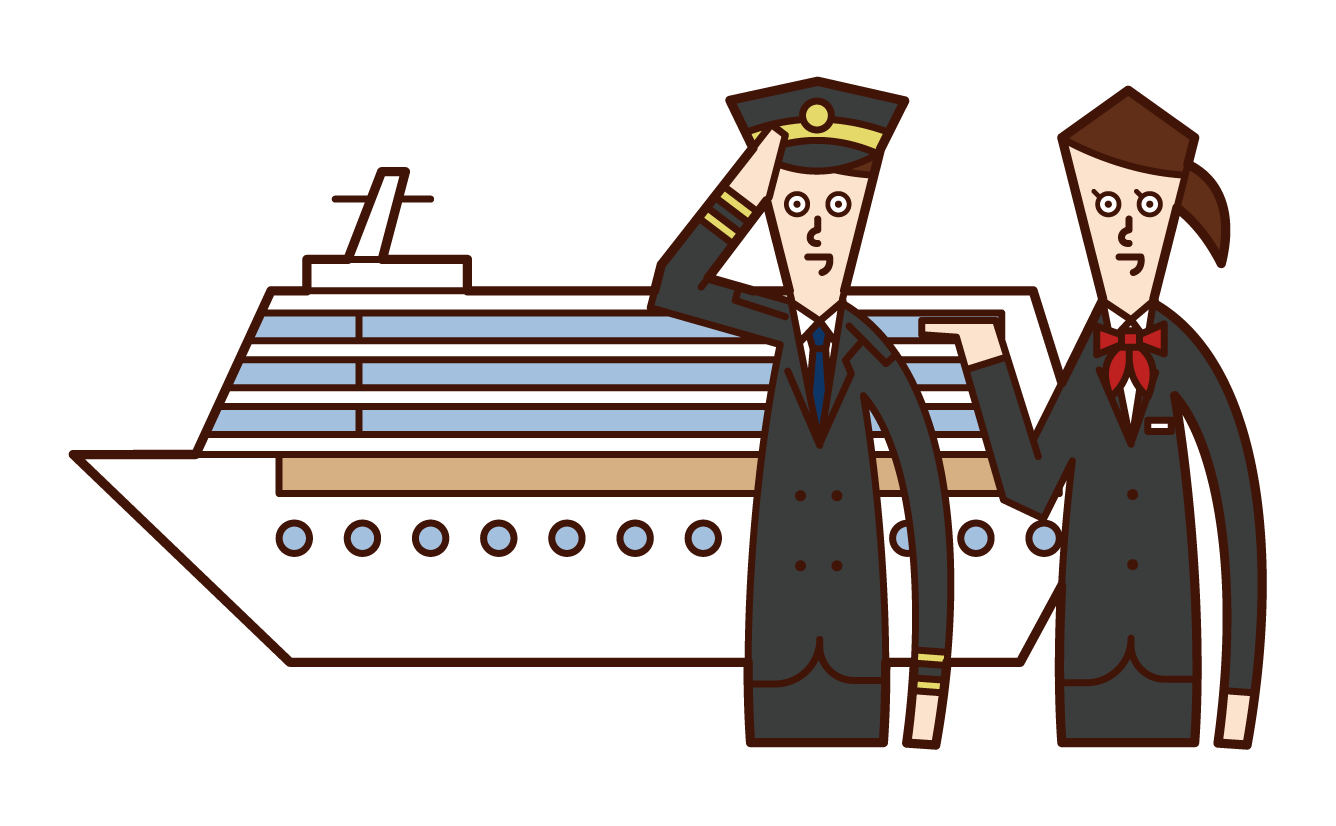 客船と船長と客室乗務員のイラスト
