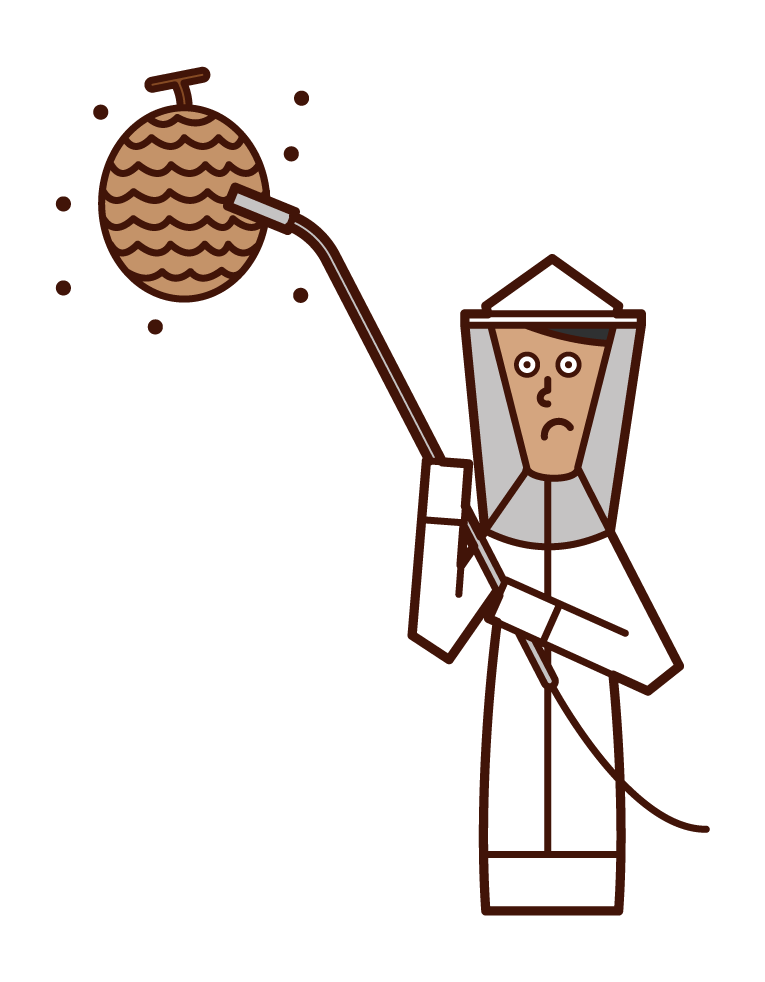 Illustration of a man (male) exterminating a beehive