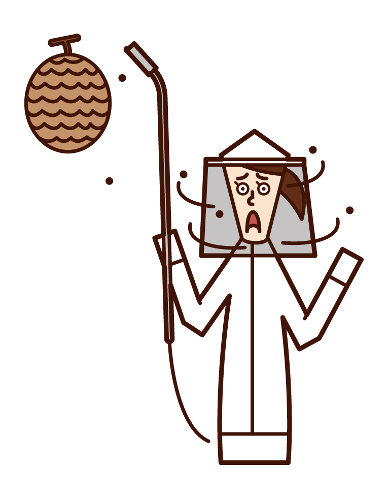 Illustration of a woman failing to exterminate a beehive