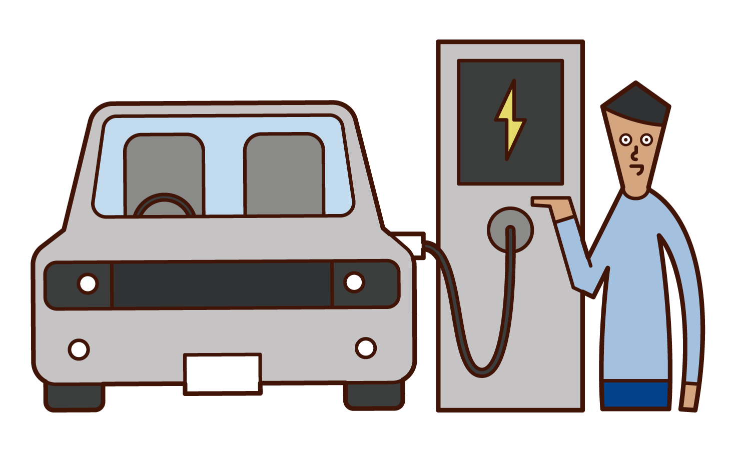 為電動汽車充電的人（男性）的插圖
