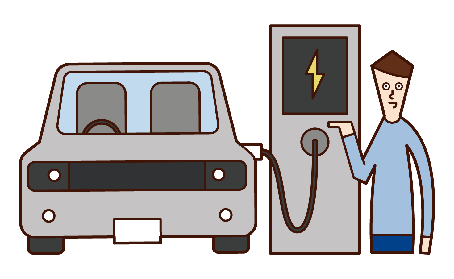 電気自動車を充電する人（女性）のイラスト