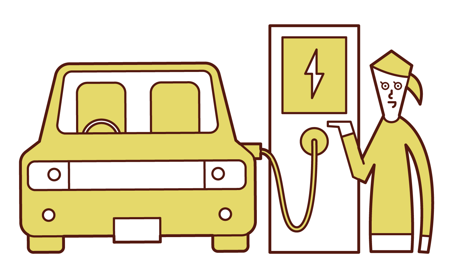 電気自動車を充電する人（女性）のイラスト