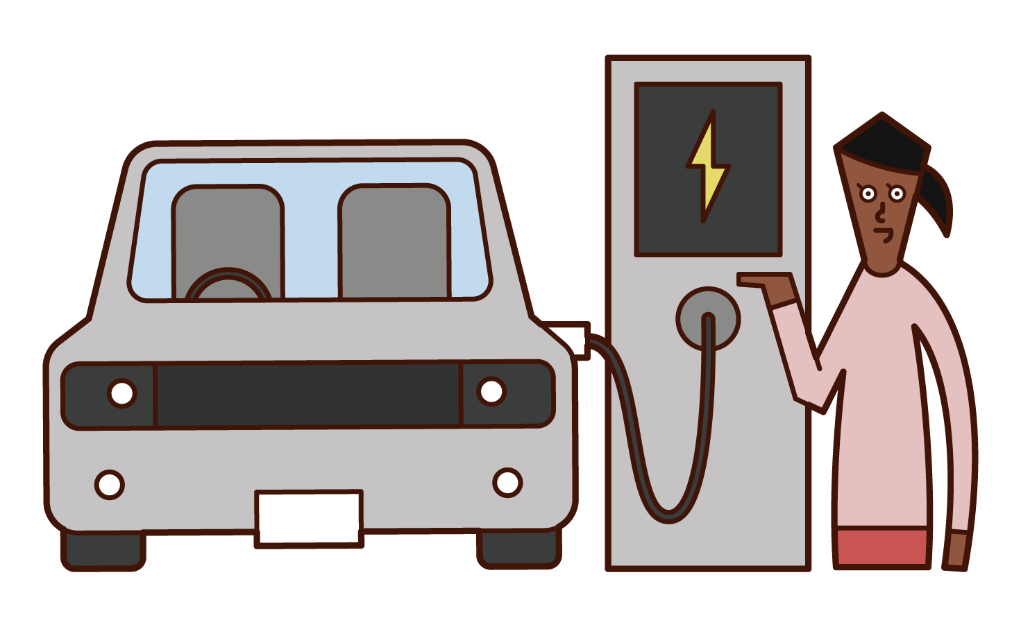전기 자동차를 충전하는 사람 (여성)의 그림