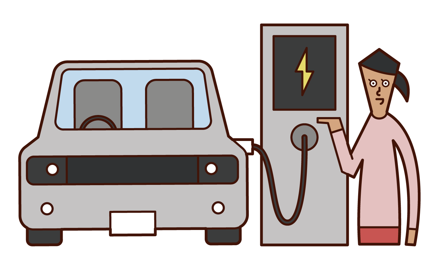 전기 자동차를 충전하는 사람 (여성)의 그림