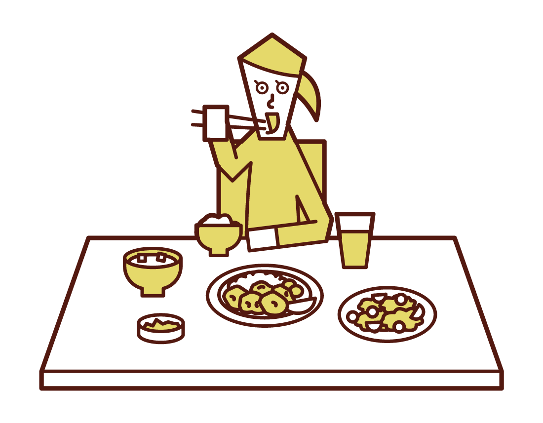 Illustration of a woman eating with his elbows