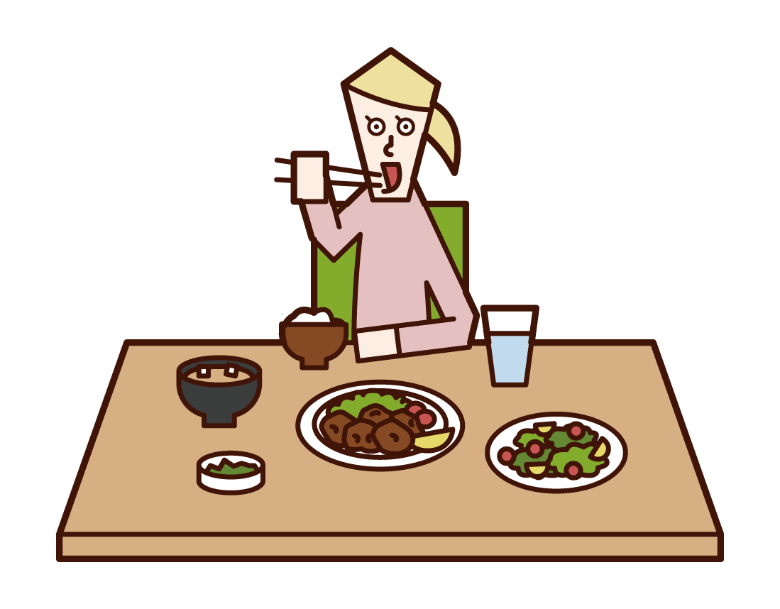 Illustration of a woman eating with his elbows