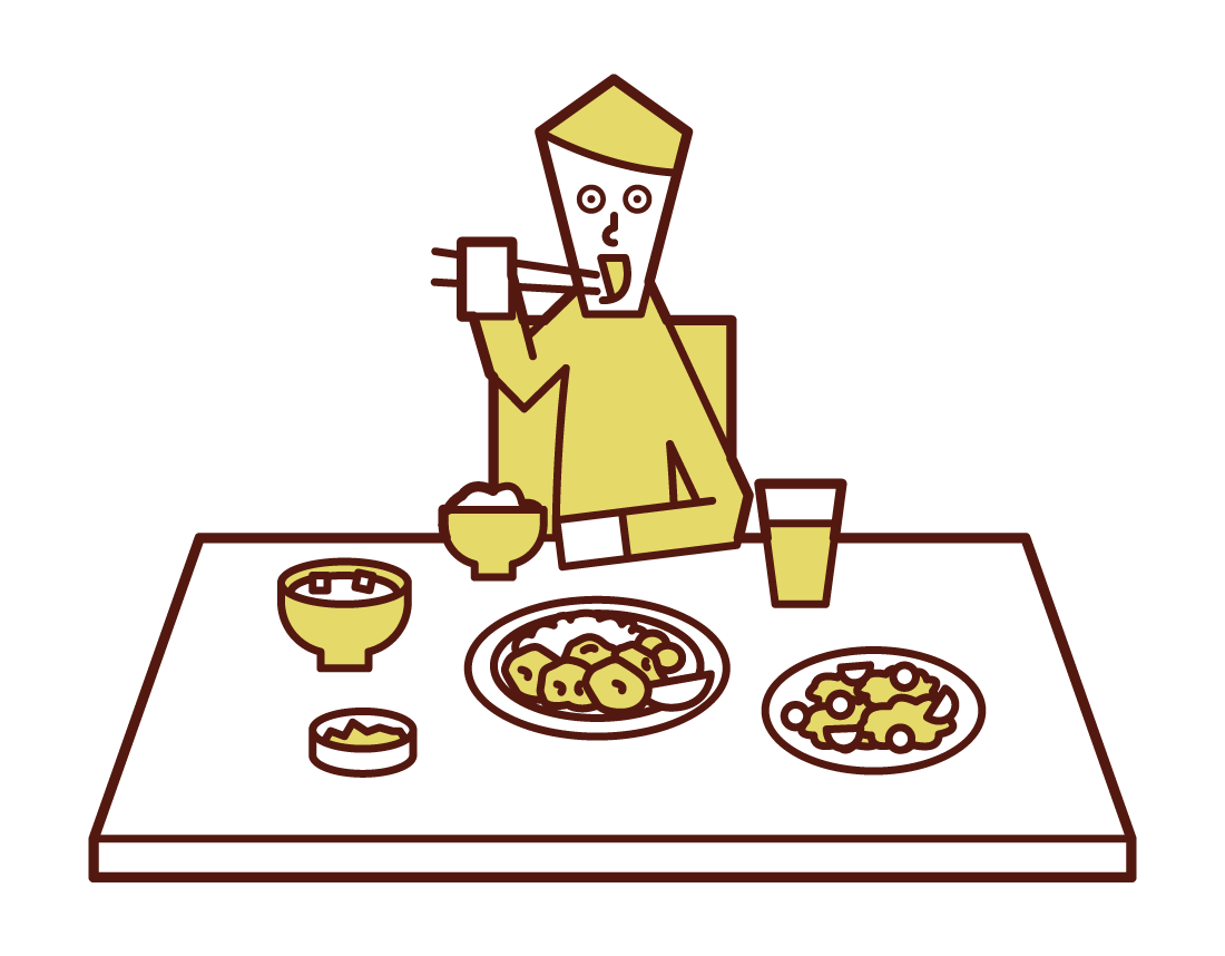 Illustration of a man eating with his elbows