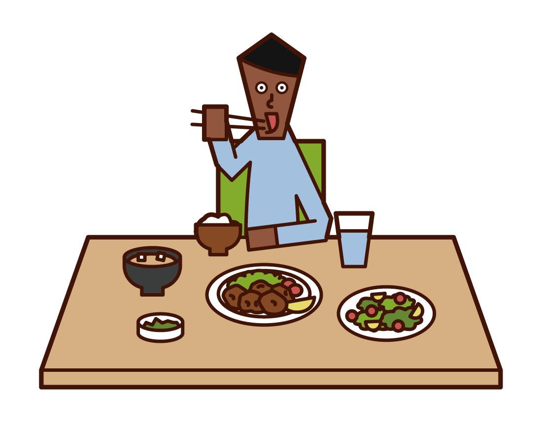 Illustration of a man eating with his elbows