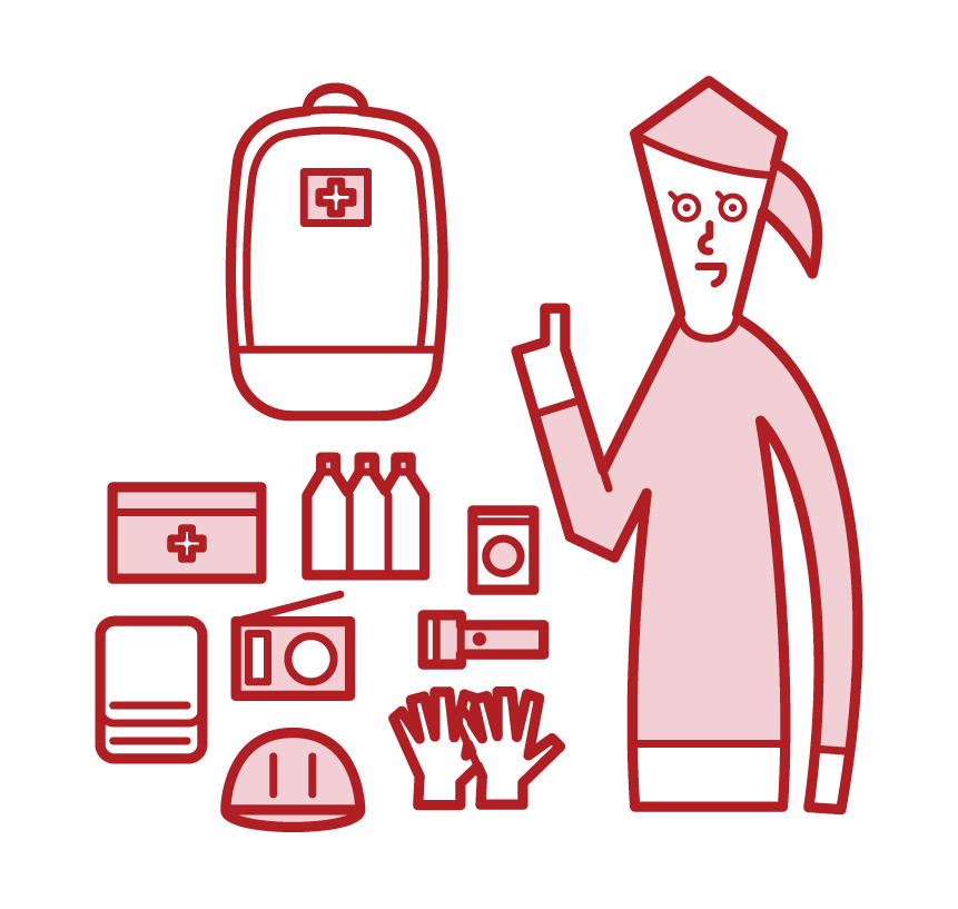 Illustration of a person (woman) checking disaster prevention goods