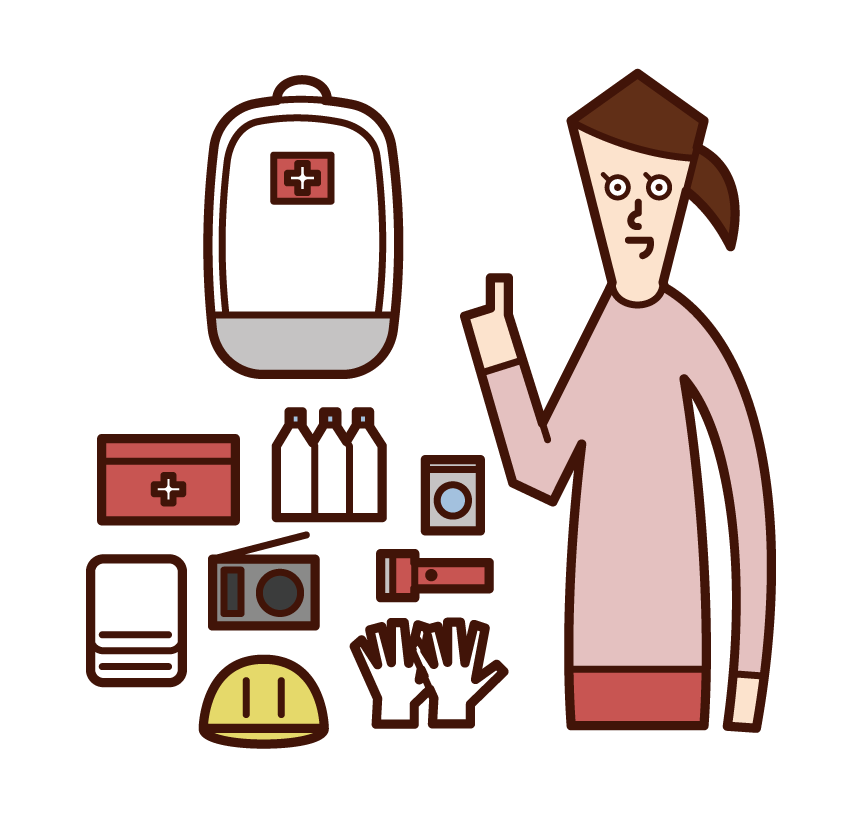 Illustration of a person (woman) checking disaster prevention goods