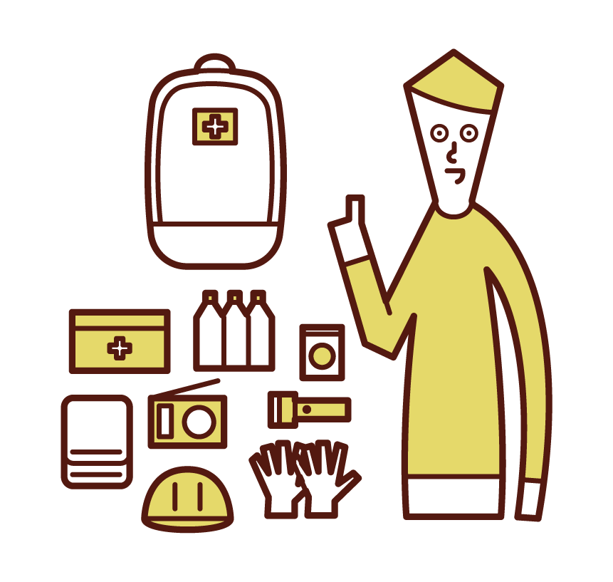 Illustration of a person (male) checking disaster prevention goods