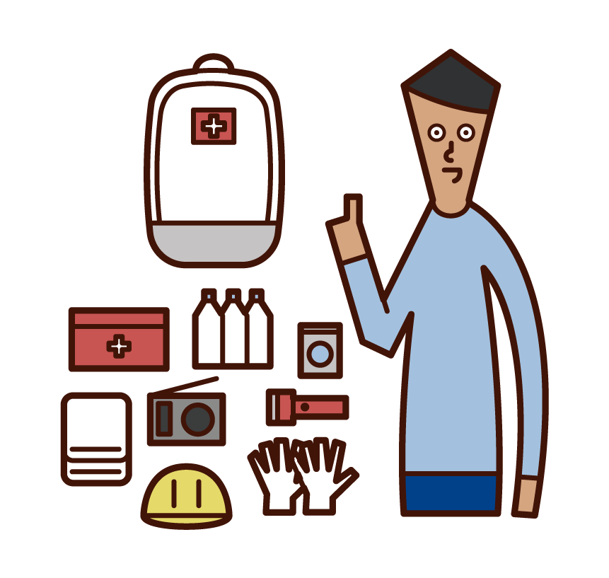 Illustration of a person (male) checking disaster prevention goods