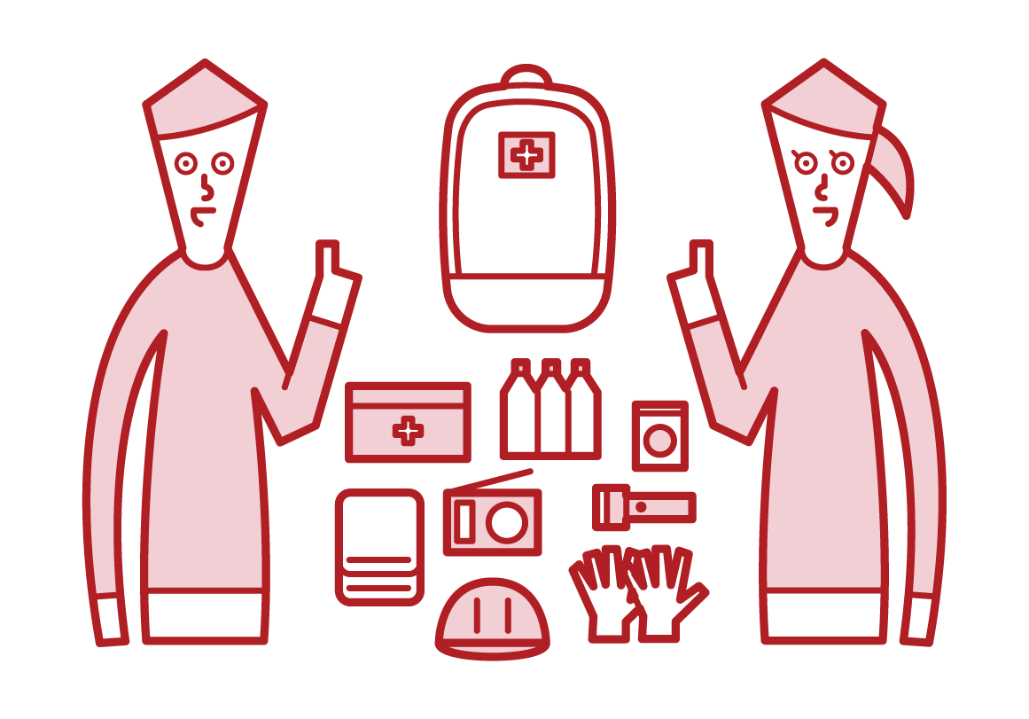 Illustrations of people checking disaster prevention goods