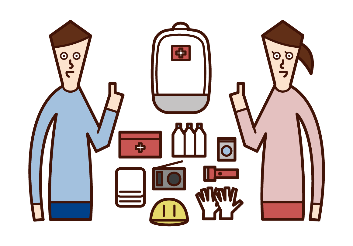 Illustrations of people checking disaster prevention goods