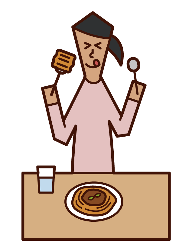 Illustration of a woman eating pasta spaghetti