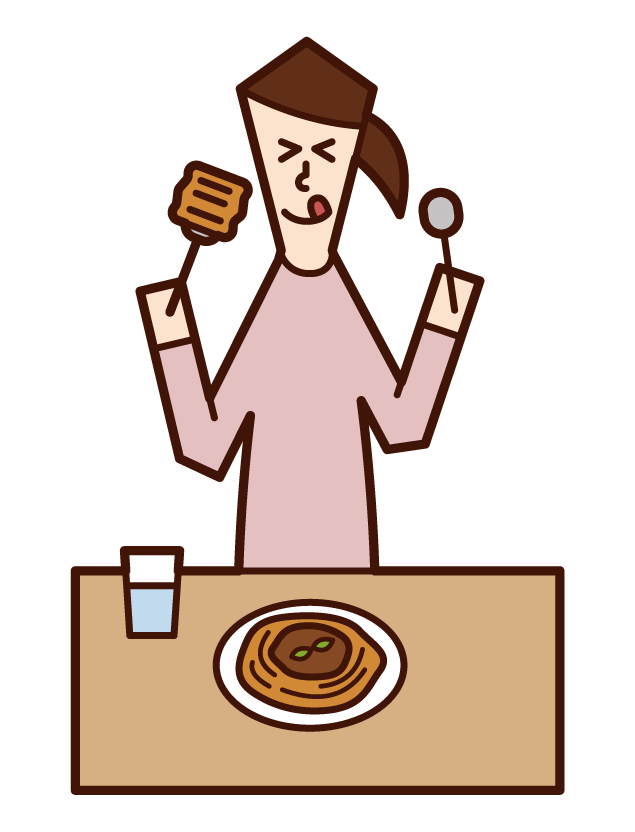 Illustration of a woman eating pasta spaghetti