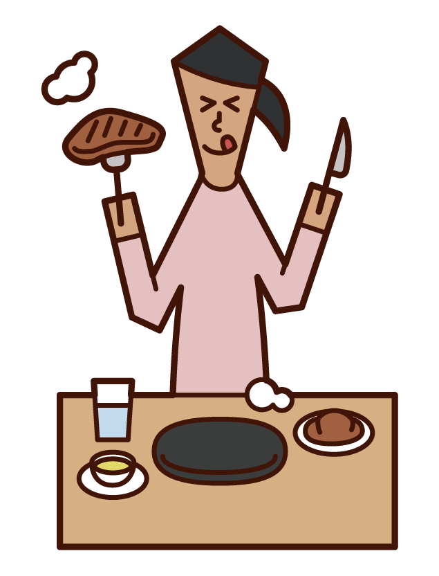 ステーキを食べる人（女性）のイラスト