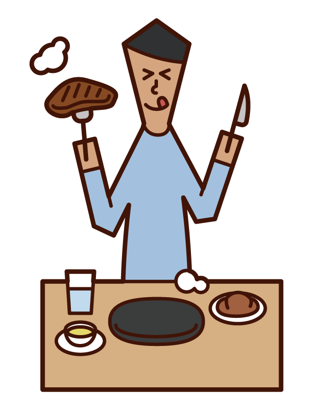 ステーキを食べる人（男性）のイラスト