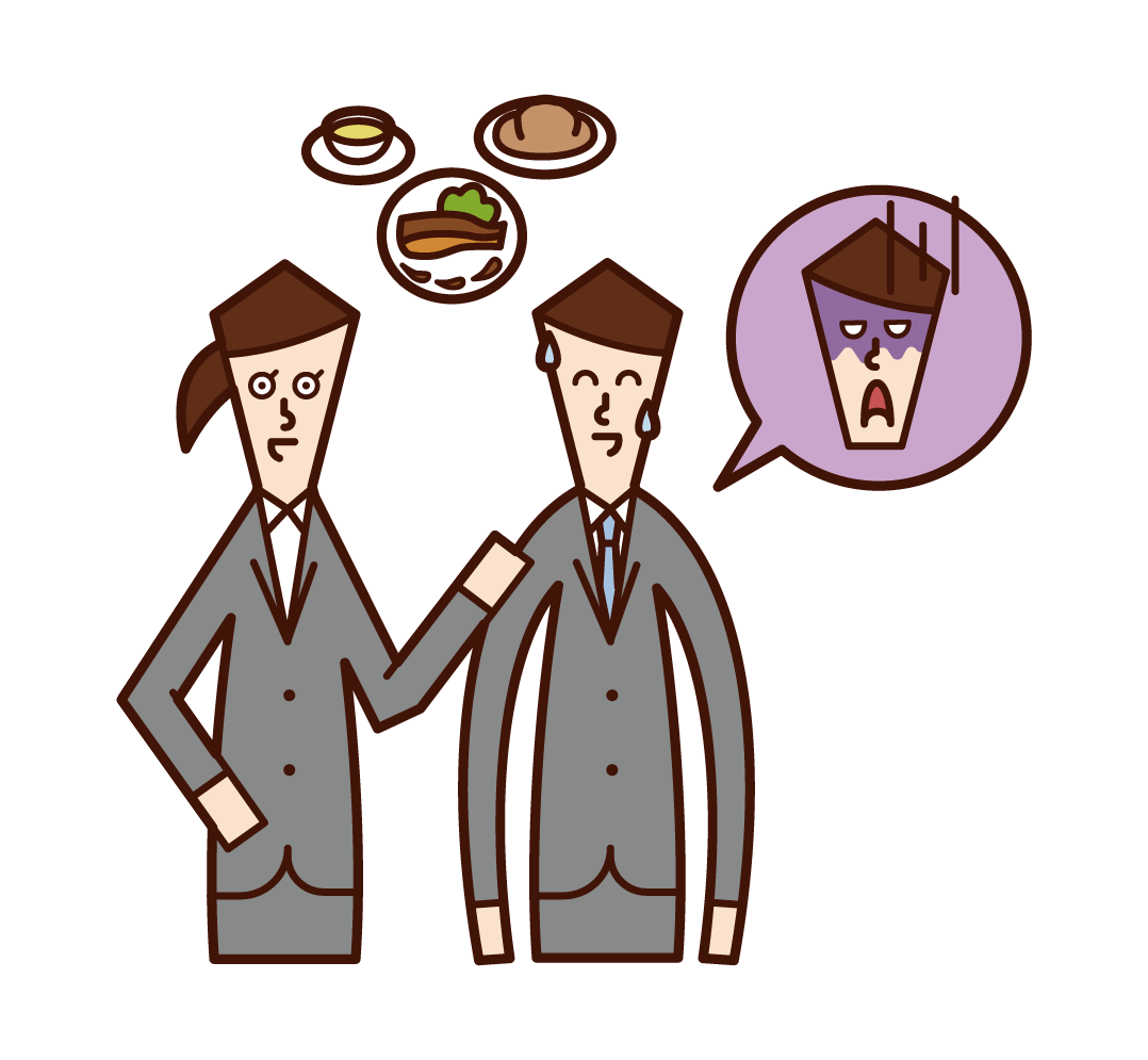 Illustration of a man who was invited to eat by a disgusting colleague