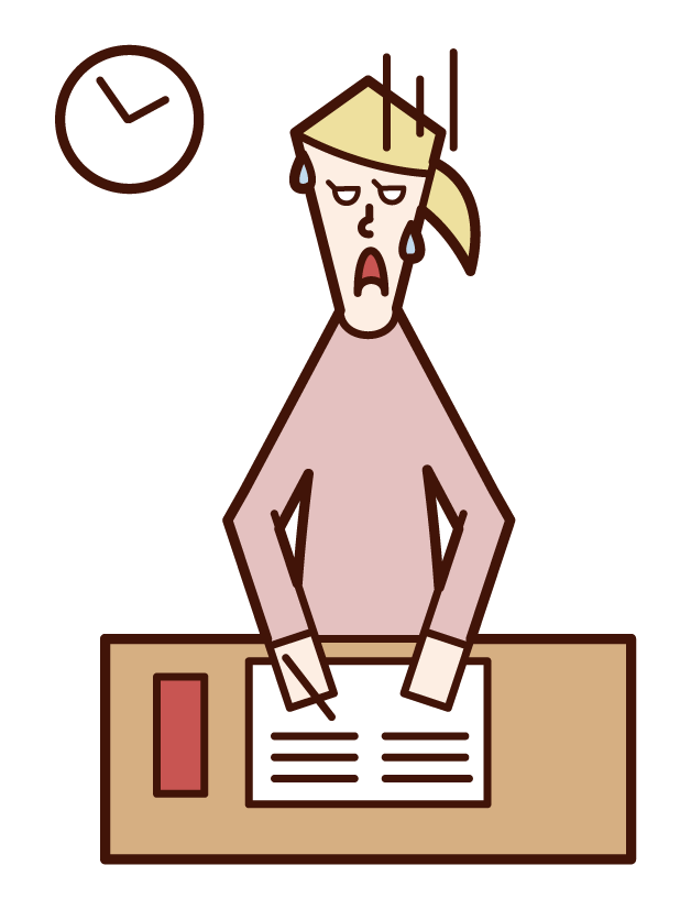 Illustration of a woman who despairs because the examination questions are difficult