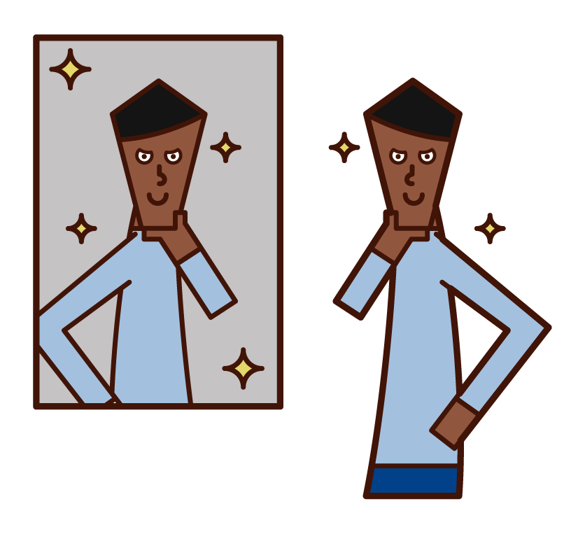 Illustration of a man dressed in front of a mirror