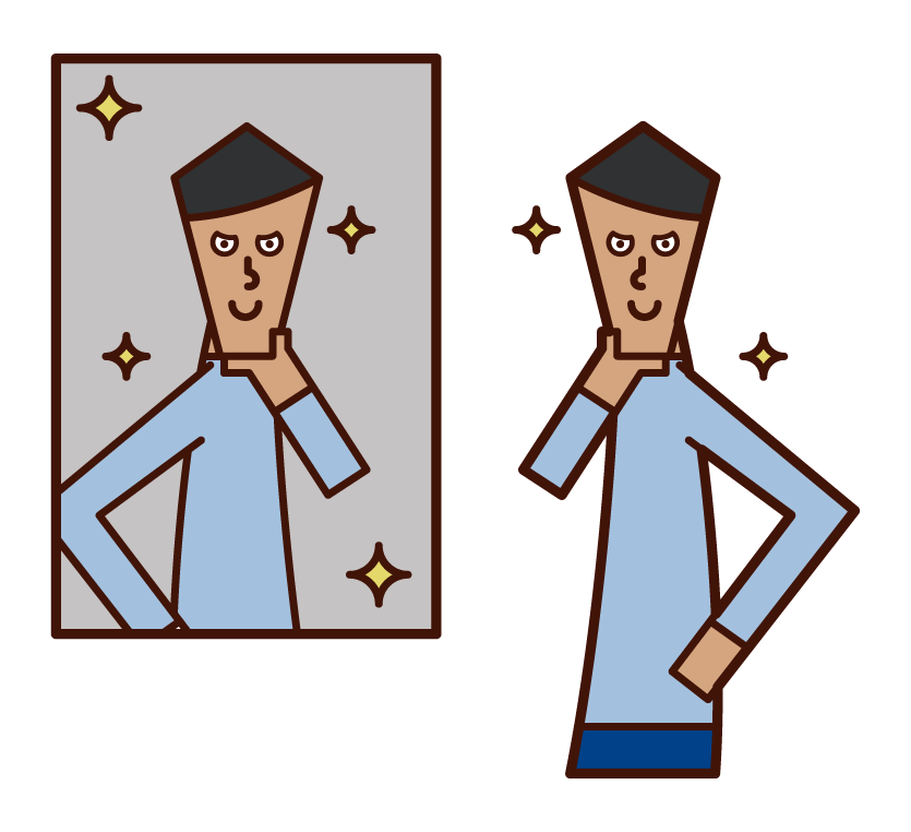 在鏡子前打扮的人（男性）的插圖