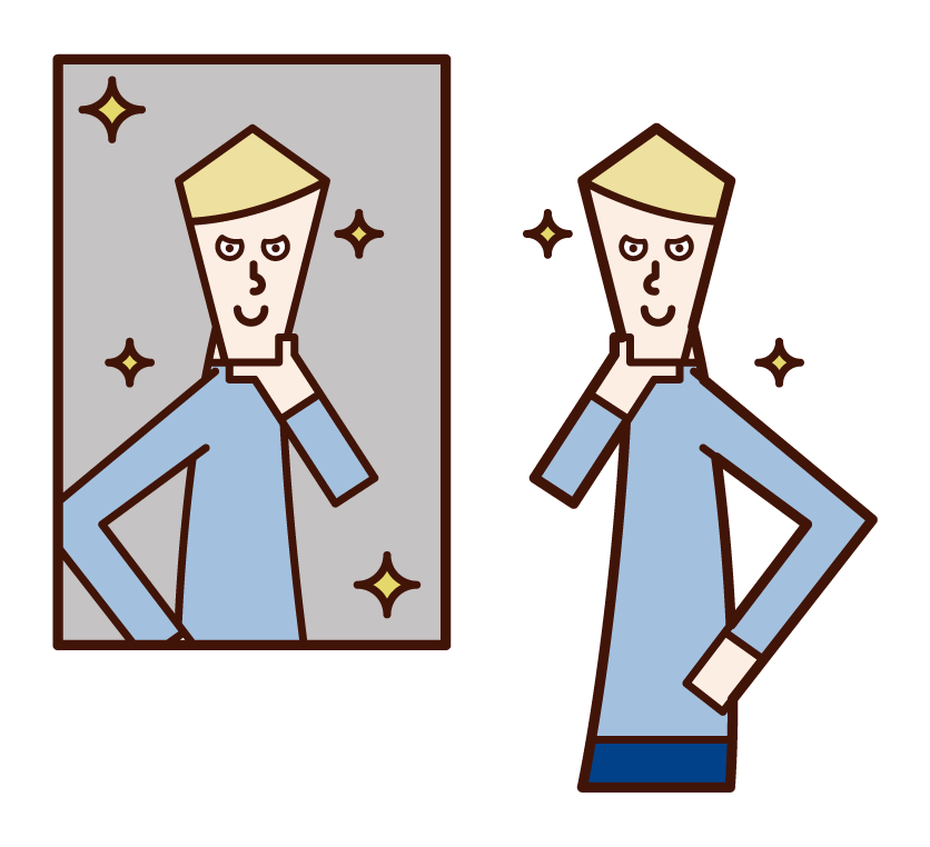 Illustration of a man dressed in front of a mirror