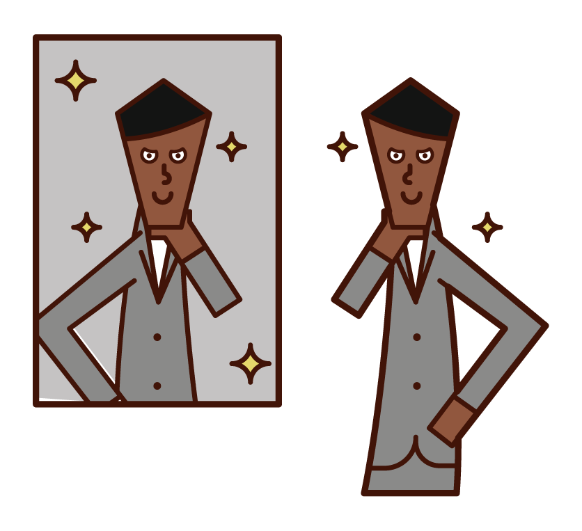 Illustration of a man dressed in front of a mirror