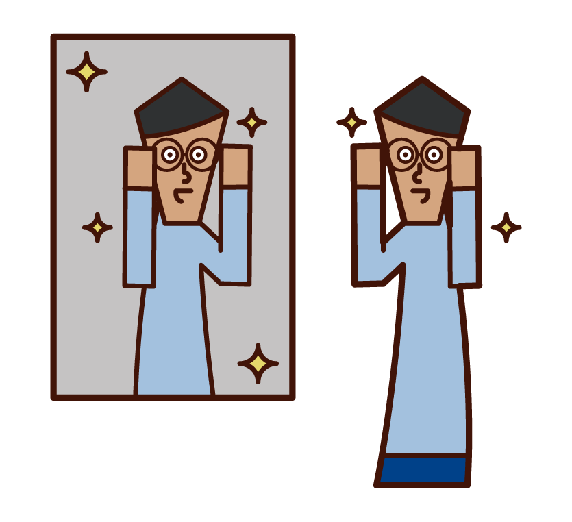 Illustration of a man wearing glasses in front of a mirror