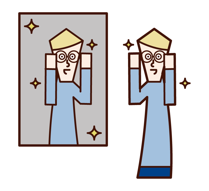 거울 앞에서 안경을 쓴 사람(남성)의 그림