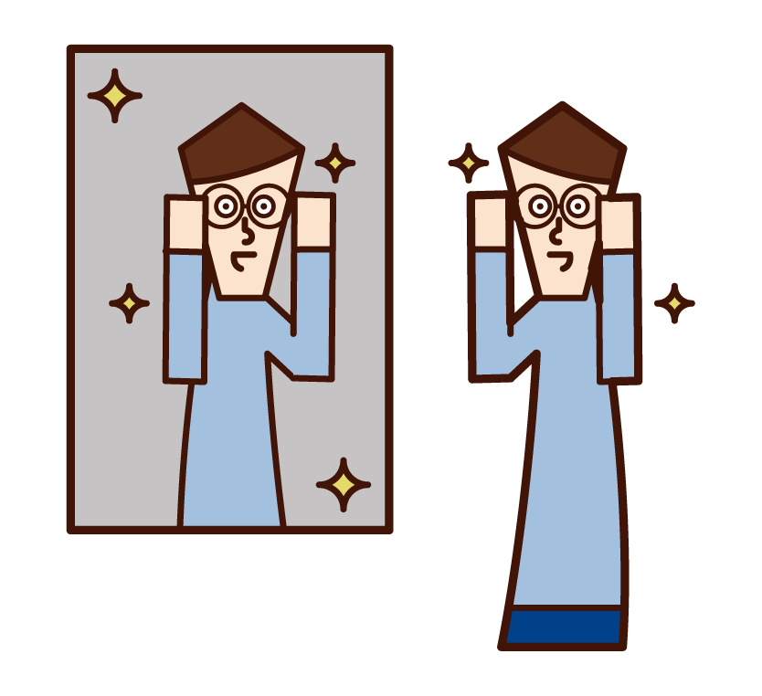 鏡の前で眼鏡をかける人（男性）のイラスト