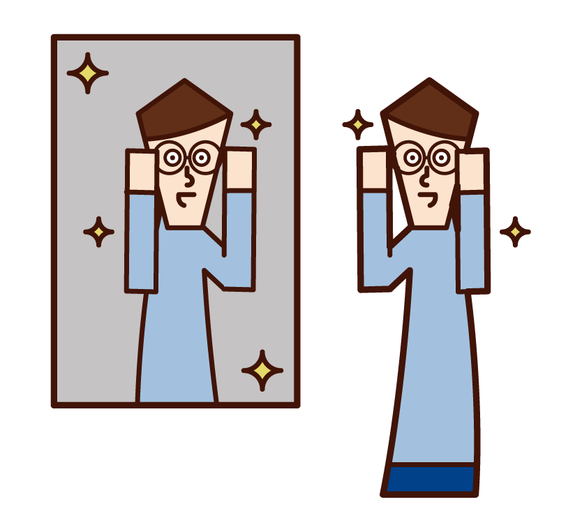 Illustration of a man wearing glasses in front of a mirror