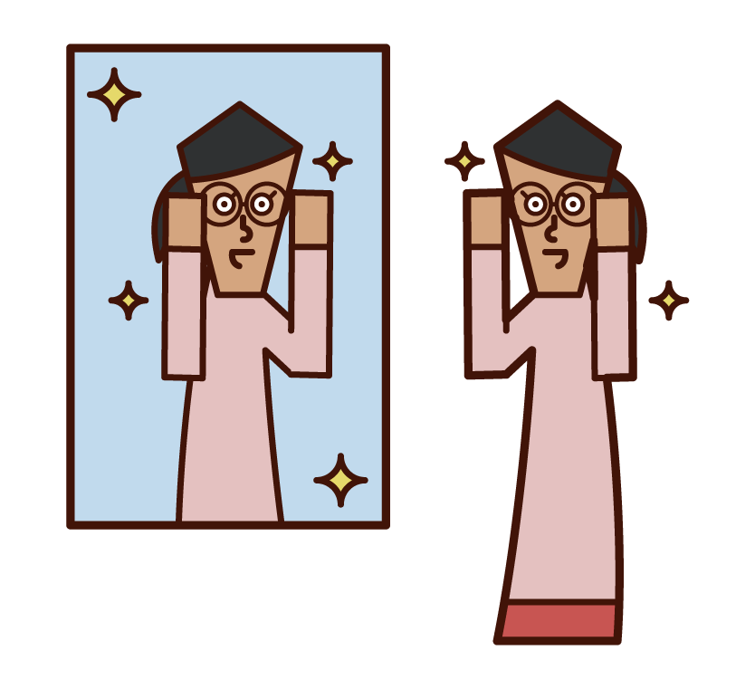鏡の前で眼鏡をかける人（女性）のイラスト