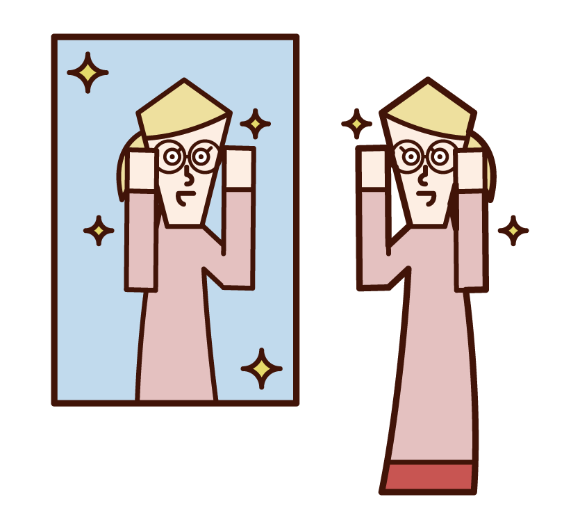 鏡子前戴眼鏡的人（女性）的插圖