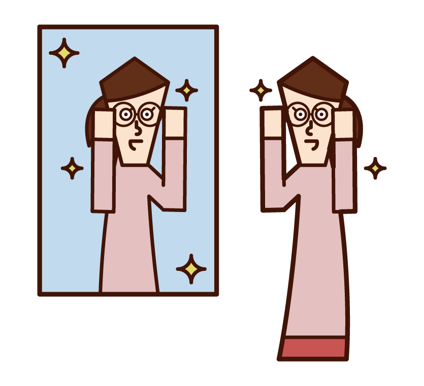鏡の前で眼鏡をかける人（男性）のイラスト