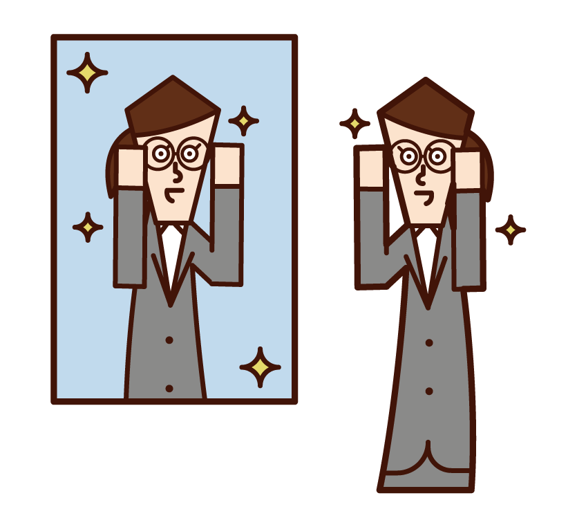 Illustration of a man wearing glasses in front of a mirror