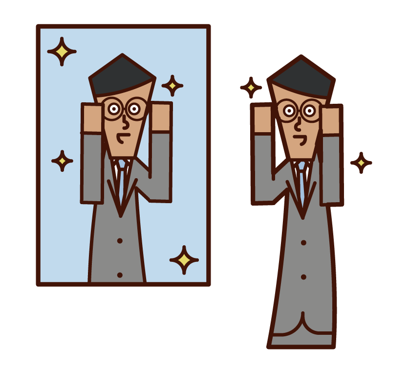 Illustration of a man wearing glasses in front of a mirror