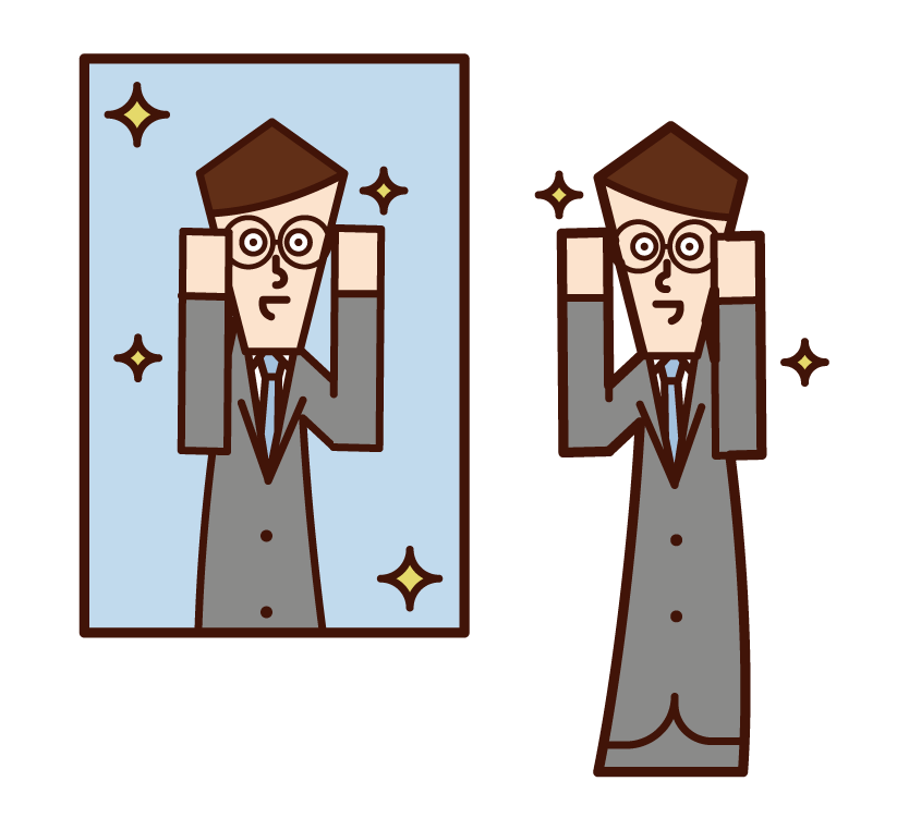 Illustration of a man wearing glasses in front of a mirror