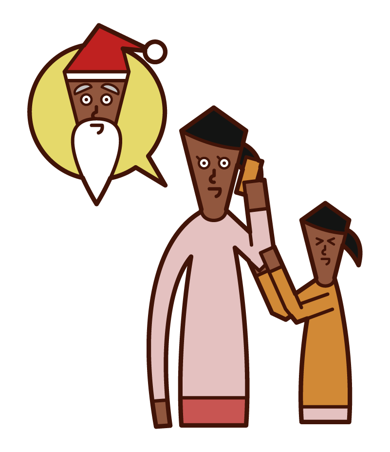 Illustration of parent and child asking Santa Claus for a present