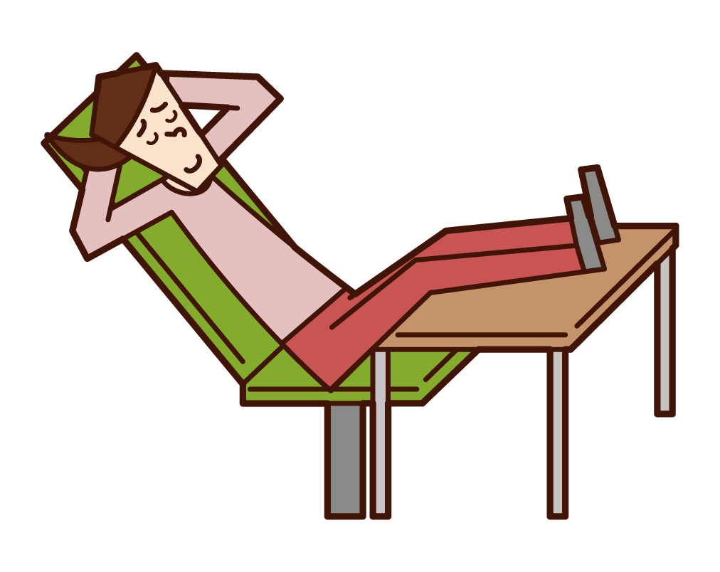 한 남자(여자)의 그림으로, 그의 발은 휴식을 위해 탁자 위에 놓여 있었다