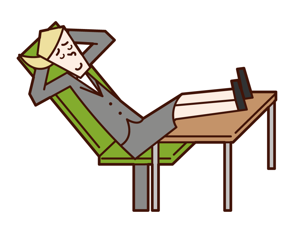 한 남자(여자)의 그림으로, 그의 발은 휴식을 위해 탁자 위에 놓여 있었다