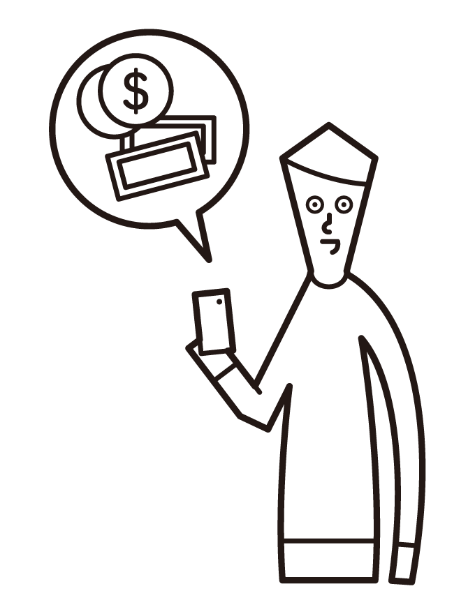 スマートフォンでお金を払う人（男性）のイラスト