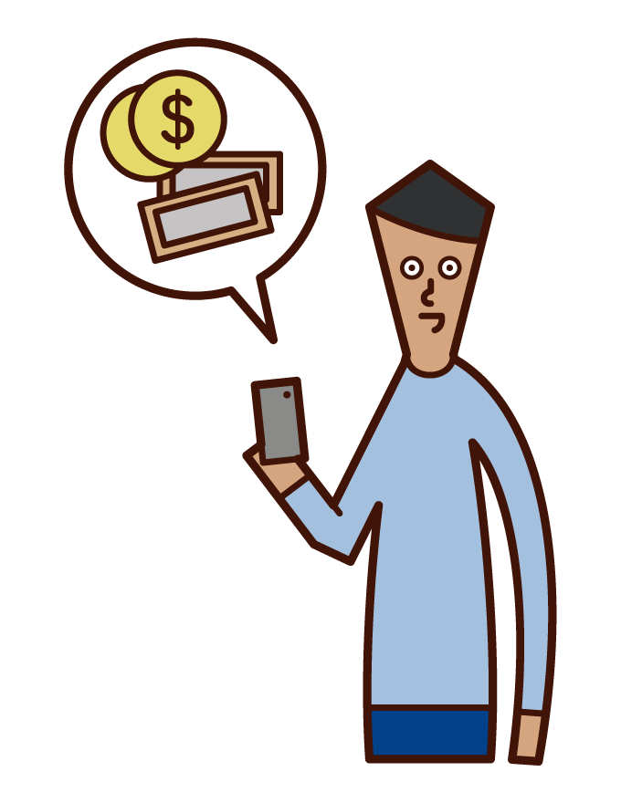Illustration of a man paying money with a smartphone