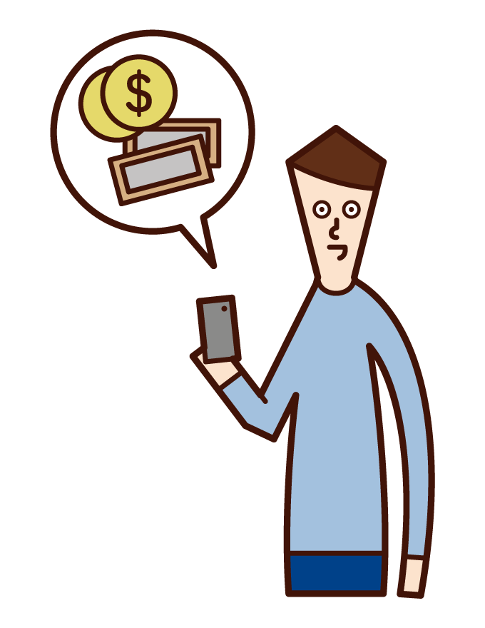 Illustration of a man paying money with a smartphone
