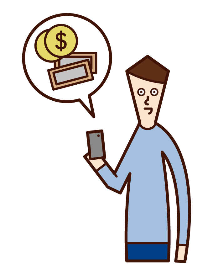 Illustration of a person (grandfather) paying money with a smartphone