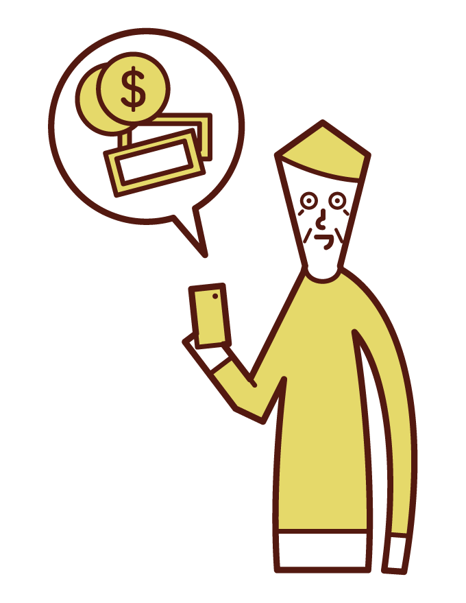 Illustration of a person (grandfather) paying money with a smartphone
