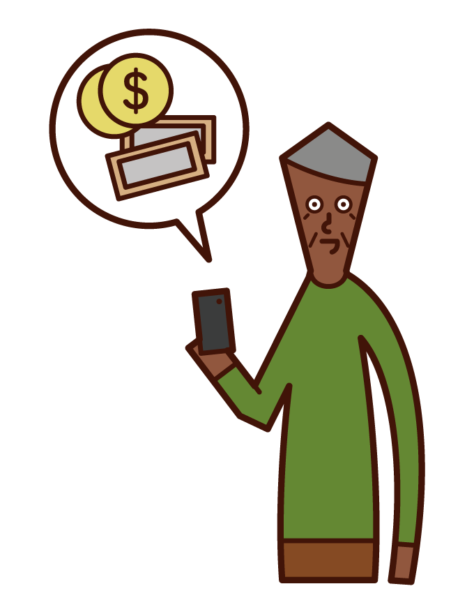 Illustration of a person (grandfather) paying money with a smartphone