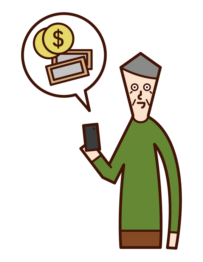 Illustration of a person (grandfather) paying money with a smartphone