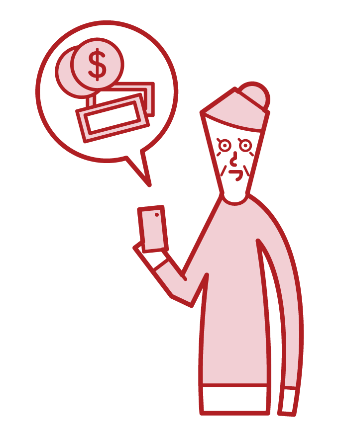 Illustration of a person (grandmother) paying money with a smartphone