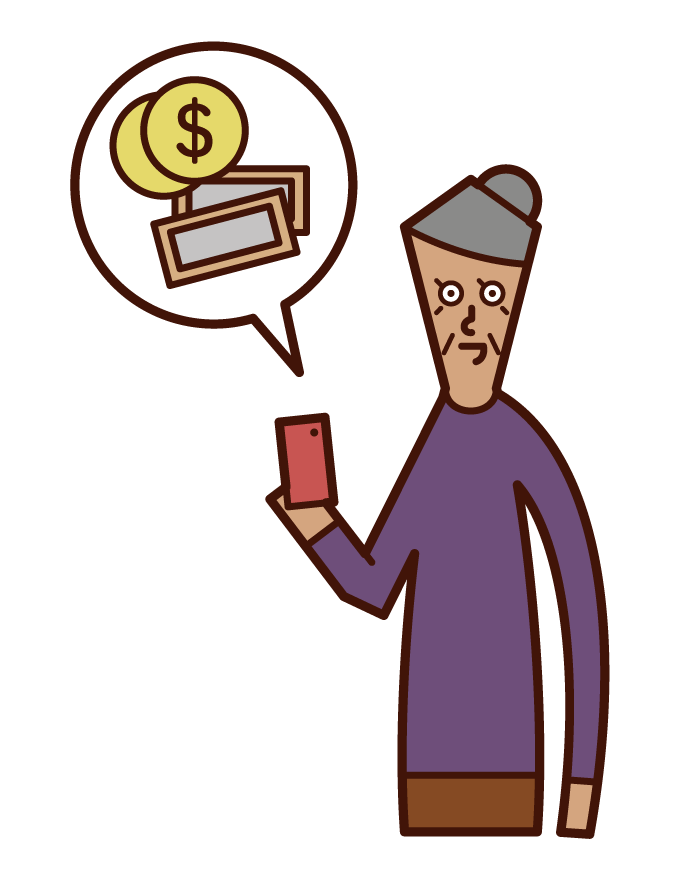 Illustration of a person (grandmother) paying money with a smartphone